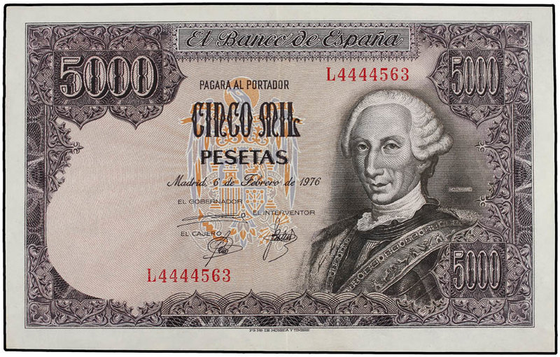 Juan Carlos I. 5.000 Pesetas. 6 Febrero 1976. Carlos III. Serie L. (Arrugas). Ed...