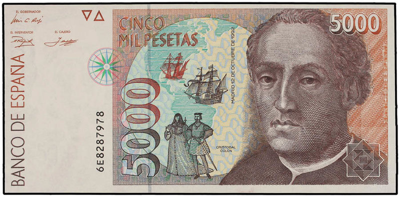 Juan Carlos I. 5.000 Pesetas. 12 Octubre 1992. Colón. Serie 6E. Ed-484a. SC.