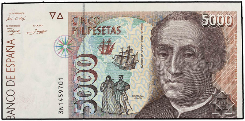 Juan Carlos I. 5.000 Pesetas. 12 Octubre 1992. Colón. Serie 3N. ERROR: Mal corta...