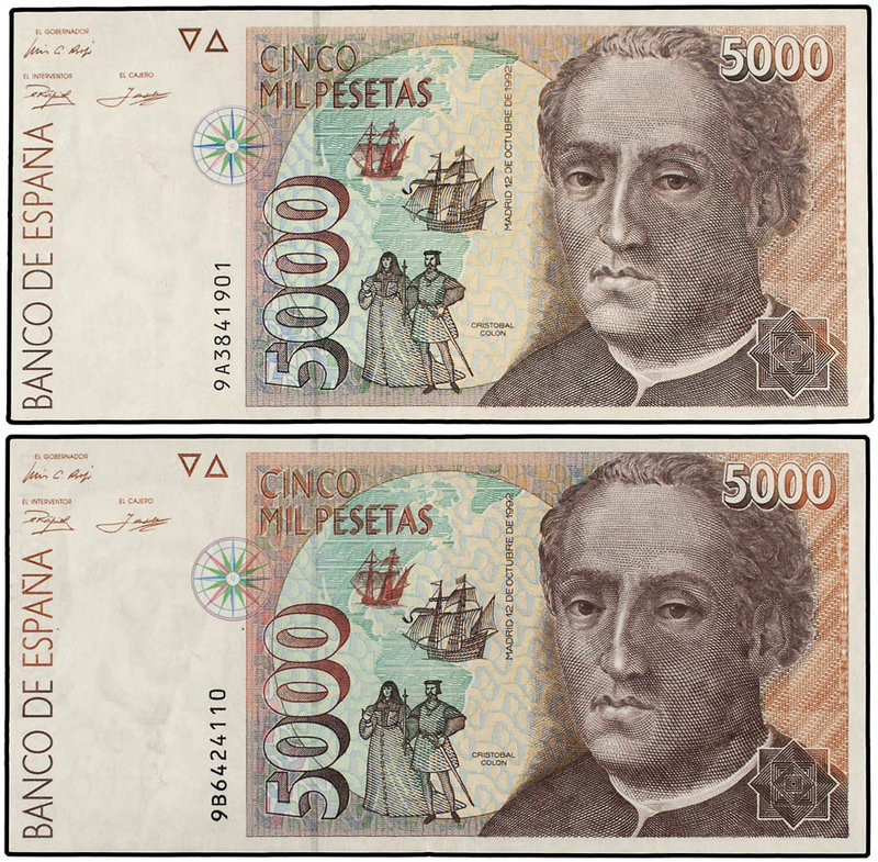 Juan Carlos I. Lote 2 billetes 5.000 Pesetas. 12 Octubre 1992. Colón. Series sus...