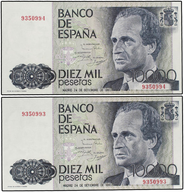 Juan Carlos I. Lote 2 billetes 10.000 Pesetas. 24 Setiembre 1985. Juan Carlos I....