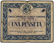 1 Pesseta. 19 Desembre 1936. CONSELL GENERAL DE LES VALLS D´ANDORRA. Emisión azul. (Pequeñas roturas). Ed-AND2. MBC-.