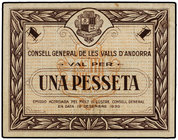 1 Pesseta. 19 Desembre 1936. CONSELL GENERAL DE LES VALLS D´ANDORRA. Emisión marrón. (Arruguitas en margen, levísimas manchitas). Ed-AND3. EBC-.