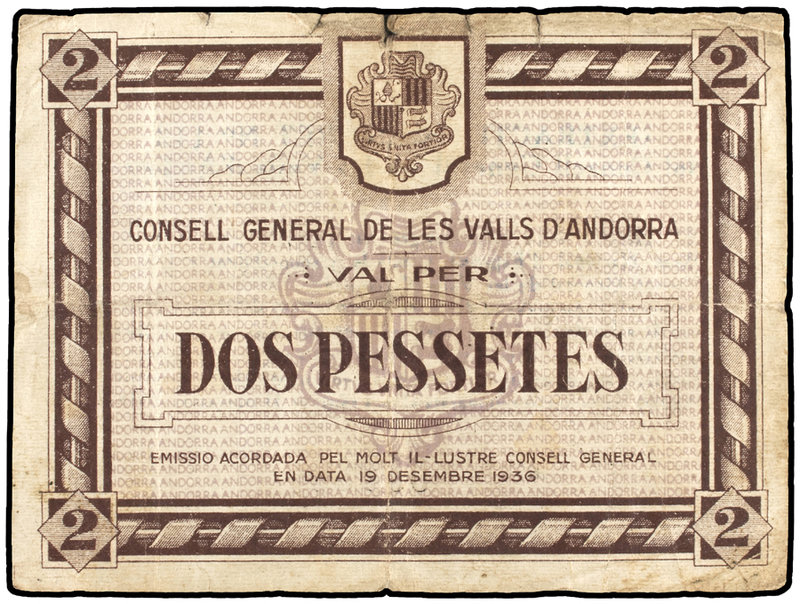 2 Pessetes. 19 Diciembre 1936. CONSELL GENERAL DE LES VALLS D´ANDORRA. Emisión m...