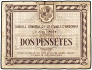 2 Pessetes. 19 Diciembre 1936. CONSELL GENERAL DE LES VALLS D´ANDORRA. Emisión marrón. (Múltiples dobleces. Pequeñas roturas). Ed-AND5. MBC-.