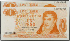 Lote 300 billetes 1 (100), 5 (100) y 10 Pesos (100). (1974-1976). ARGENTINA. Todos correlativos. (Algunos esquinas algo picadas y dobleces). WPM-293, ...