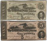 Lote 2 billetes 5 Dólares. 2 Diciembre 1862 y 6 Abril 1863. ESTADOS UNIDOS CONFEDERADOS. (1862 con roturas y perforaciones. 1863 con perforaciones y m...