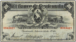 25 Pesos. 14 Febrero 1812. EL BANCO DE GUATEMALA. Trenes en el centro. (Agujero de tinta arriba a la izquierda). WPM-S146a. MBC-.