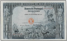 50.000 Reis. 30 Septiembre 1910. PORTUGAL. (Múltiples reparaciones). ESCASO. WPM-110. (MBC).