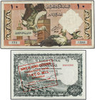 Lote 2 billetes 10 Dinars y 500 Pesetas Guineanas. 1964 y 1980. ALGERIA y GUINEA ECUATORIAL. 500 Pesetas Guineanas con sello BANCO DE GUINEA EQUATORIA...