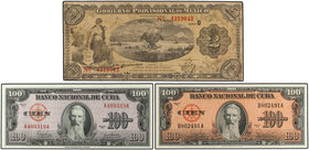 Lote 3 billetes 2 y 100 Pesos (2). 1915, 1950 y 1959. CUBA y MÉXICO. 100 Pesos Cuba 1950 y 1959 Máximo Aguilera y 2 Pesos México 1915 Gobierno Provisi...