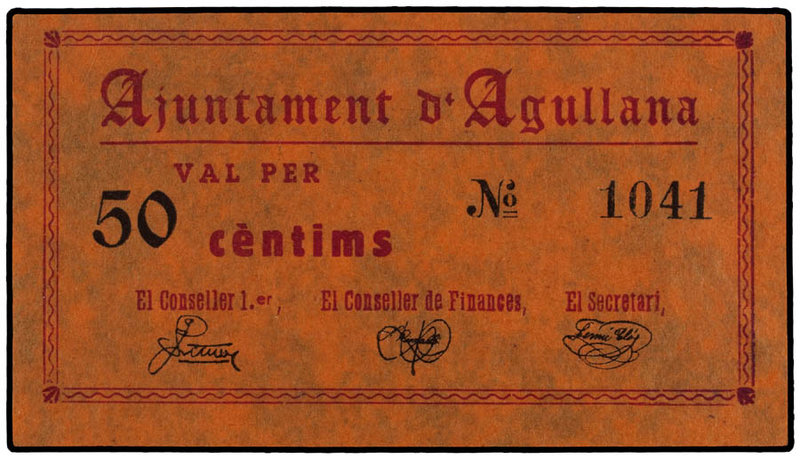 Catalonia. 50 Cèntims. Aj. d´AGULLANA. RARO. AT-18. SC.