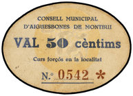 Catalonia. 50 Cèntims. C.M. d´AIGÜESBONES DE MONTBUI. Cartón. (Leves manchitas). MUY ESCASO. AT-26b. EBC.