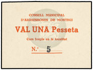 Catalonia. 1 Pesseta. C.M. d´AIGÜESBONES DE MONTBUI. Cartón. MUY ESCASO. AT-27. SC.
