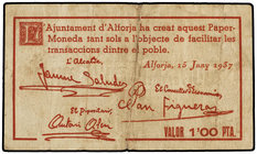 Catalonia. 1 Pesseta. 15 Juny 1937. Aj. d´ALFORJA. (Pequeñas roturas). ESCASO. AT-108a. MBC-.