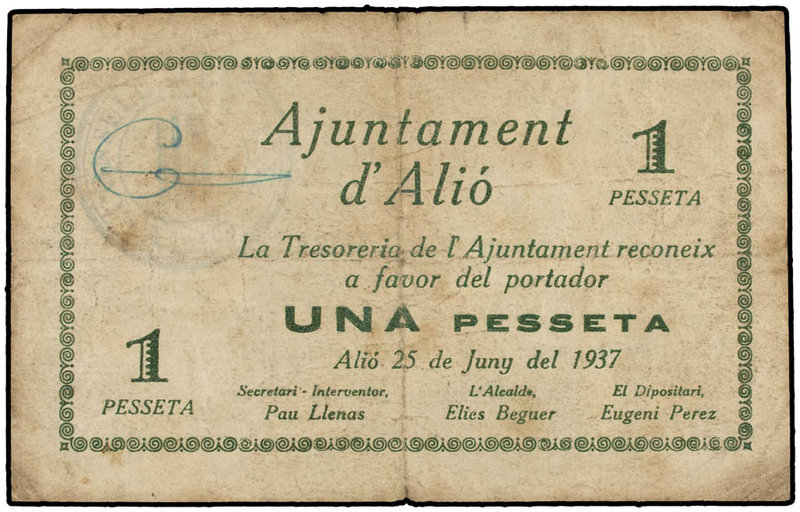 Catalonia. 1 Pesseta. 25 Juny 1937. Aj. d´ALIÓ. (Pequeñas manchitas). ESCASO. AT...