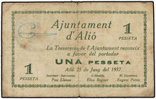 Catalonia. 1 Pesseta. 25 Juny 1937. Aj. d´ALIÓ. (Pequeñas manchitas). ESCASO. AT-111. MBC-.