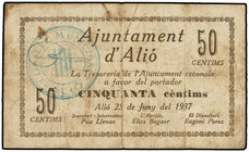 Catalonia. 50 Cèntims. 25 Juny 1937. Aj. d´ALIÓ. (Pequeñas manchitas). ESCASO. AT-112. MBC.