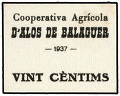Catalonia. 20 Cèntims. Cooperativa Agrícola d´ALÓS DE BALAGUER. Turró lo clasifica como Falso. ESCASO. T-176. EBC+.