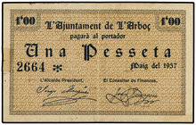 Catalonia. 1 Pesseta. Maig 1937. Aj. de l´ARBOÇ. (Pequeño trozo de cinta adhesiva en anverso). ESCASO. AT-169. EBC-.