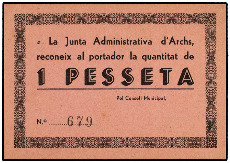 Catalonia. 1 Pesseta. LA JUNTA ADMINISTRATIVA D´ARCHS. Cartón. Sin sello tampón....