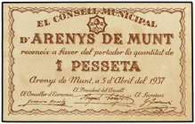 Catalonia. 1 Pesseta. 5 Abril 1937. C.M. d´ARENYS DE MUNT. (Levísimas manchitas del tiempo). AT-192. SC-.