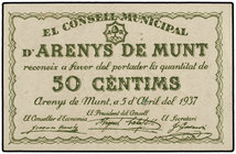 Catalonia. 50 Cèntims. 5 Abril 1937. C.M. d´ARENYS DE MUNT. AT-193. EBC.