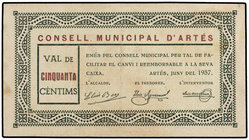Catalonia. 50 Cèntims. Juny 1937. C.M. d´ARTÉS. Sello tampón lila ´ANULAT´ en reverso. (Manchitas). ESCASO. AT-218a. EBC.