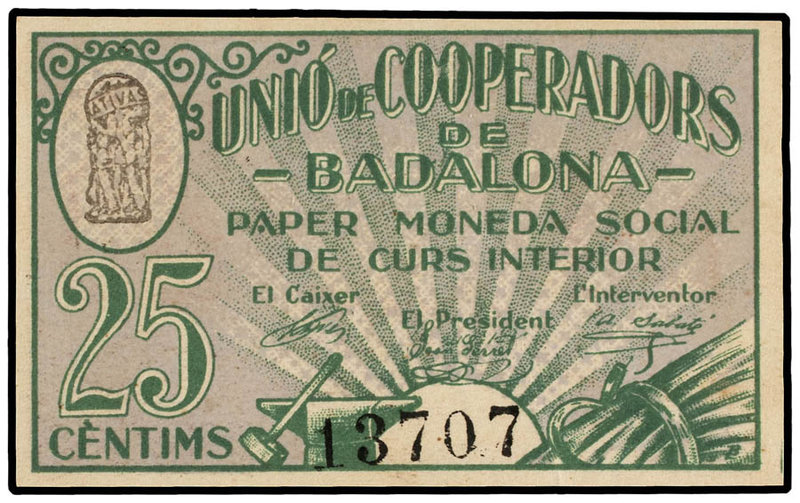 Catalonia. 25 Cèntims. UNIÓ DE COOPERADORS DE BADALONA. MUY ESCASO. T-321. SC-....