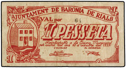 Catalonia. 1 Pesseta. 10 Octubre 1937. Aj. de BARONIA DE RIALB. (Algo sucio). AT-309. EBC-.