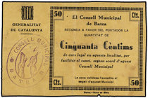 Catalonia. 50 Cèntims. C.M. de BATEA. MUY RARO. AT-317. MBC+.