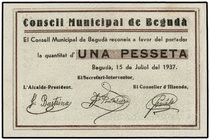 Catalonia. 1 Pesseta. 15 Julio 1937. C.M. de BEGUDÀ. ESCASO. AT-336. EBC+.