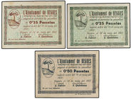 Catalonia. Lote 3 billetes 0,25 (2) y 0,50 Pessetes. 18 Maig 1937. Aj. de BEGUES. AT-341a, 342a, 345. MBC+ a EBC.