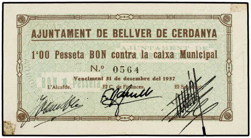 Catalonia. 1 Pesseta. 31 Desembre 1937. Aj. de BELLVER DE CERDANYA. (Pequeñas ma...