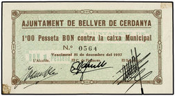 Catalonia. 1 Pesseta. 31 Desembre 1937. Aj. de BELLVER DE CERDANYA. (Pequeñas manchitas). MUY ESCASO. AT-393. SC-.