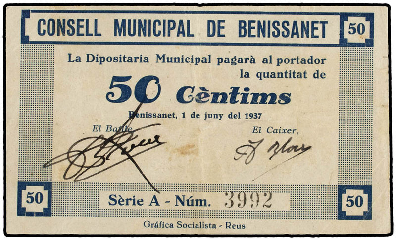 Catalonia. 50 Cèntims. 1 Juny 1937. C.M. de BENISSANET. (Leves manchitas). RARO....