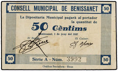 Catalonia. 50 Cèntims. 1 Juny 1937. C.M. de BENISSANET. (Leves manchitas). RARO. AT-417b. MBC+.