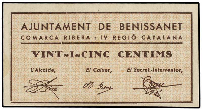 Catalonia. 25 Cèntims. 31 Juliol 1937. Aj. de BENISSANET. ESCASO. AT-421. SC.