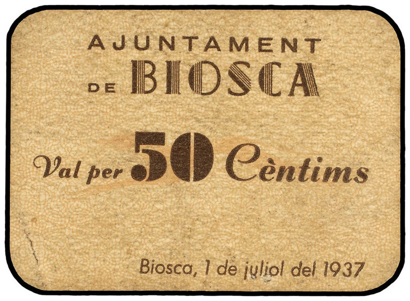 Catalonia. 50 Cèntims. 1 Juliol 1937. Aj. de BIOSCA. Cartón. MUY ESCASO. AT-442....