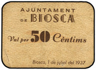 Catalonia. 50 Cèntims. 1 Juliol 1937. Aj. de BIOSCA. Cartón. MUY ESCASO. AT-442. EBC.