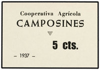 Catalonia. 5 Céntimos. Cooperativa Agrícola CAMPOSINES. Turró lo cataloga como Falso. ESCASO. T-730. SC.