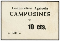 Catalonia. 10 Céntimos. Cooperátiva Agrícola CAMPOSINES. Turró lo cataloga como Falso. (Leves manchitas). ESCASO. T-729. EBC+.