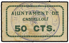 Catalonia. 50 Cèntims. Aj. de CASTELLOLÍ. Cartón. (Manchitas). MUY ESCASO. AT-754. EBC.
