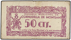 Catalonia. 50 Cèntims. C.M. de CORNUDELLA DE MONTSANT. (Leves roturas). MUY ESCASO. AT-896. MBC.