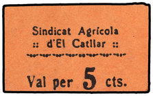 Catalonia. 5 Cèntims. S/F. SINDICAT AGRÍCOLA EL CATLLAR. Cartón. MUY RARO. T-914. EBC.