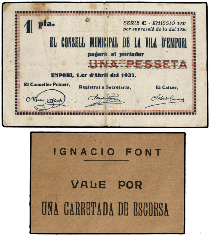 Catalonia. Lote 2 billetes 1 Pesseta y Vale una Carretada de Escorsa. 1 Abril 19...