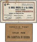 Catalonia. Lote 2 billetes 1 Pesseta y Vale una Carretada de Escorsa. 1 Abril 1937. C.M. de la VILA D´EMPORI e IGNACIO FONT IGUALADA. 1 Peseta del Con...