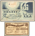 Catalonia. Lote 2 billetes 10 Cèntims y 1 Pesseta. Març 1937 y 30 Noviembre 1937. Aj. y C.M. de FIGUERES. A EXAMINAR. AT-1007, 1008. MBC+ a EBC.