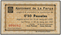 Catalonia. 0,50 Pessetes. 16 Maig 1937. Aj. de LA FORÇA. ESCASO. AT-1040a. MBC+.