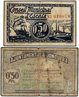 Catalonia. Lote 2 billetes 0,50 Pessetes. Març 1937. C.M. de l´ESCALA y Aj. de LA JONQUERA. (La Jonquera, manchitas). A EXAMINAR. AT-931, 1273. BC+ a ...